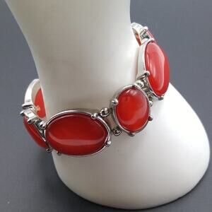 Red Lucite Cabochon Stretch Bracelet, Silver Tone, 7 Inches